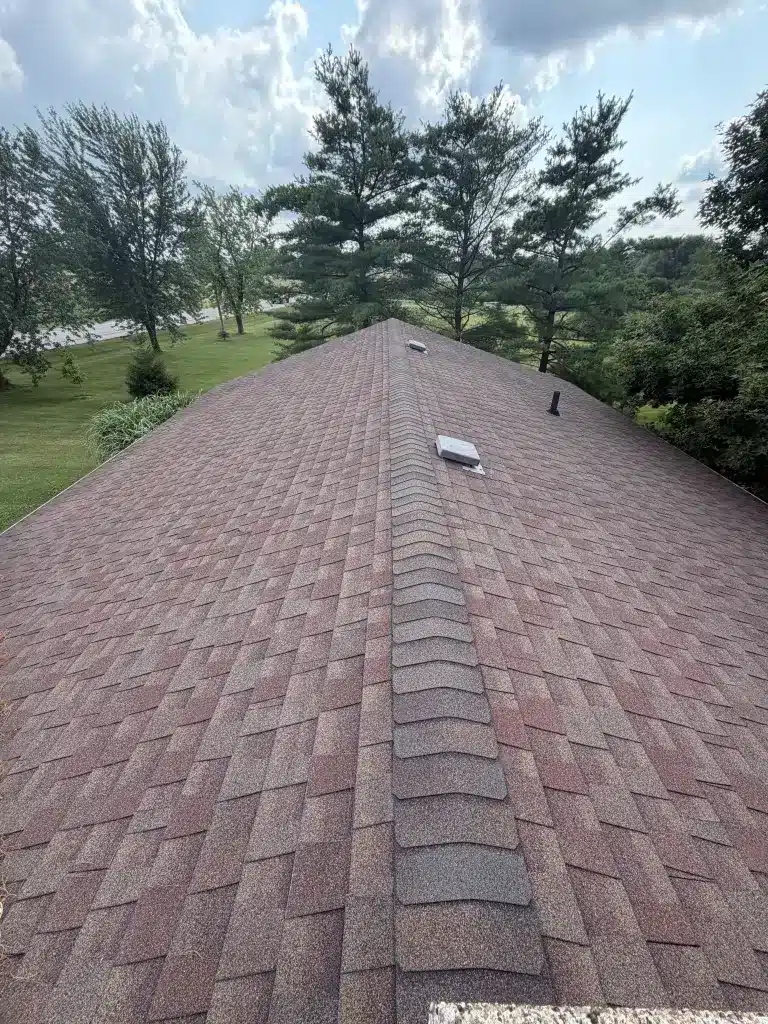 Brown shingle roof peak with vents, overlooking trees in Baden, Ontario.