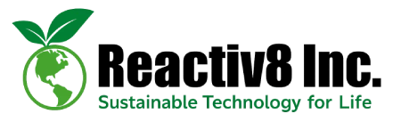 Reactiv8 Inc. logo featuring a green earth and leaf graphic with the slogan Sustainable Technology for Life.