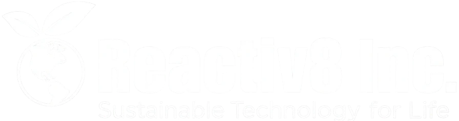 Reactiv8 Inc. transparent logo featuring a green earth and leaf graphic with the slogan Sustainable Technology for Life.