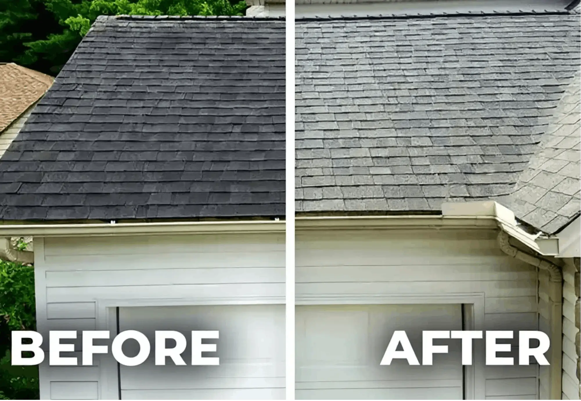 Before-After Split roof with clean shingles on one side and dirty shingles on the other in Victoria BC.