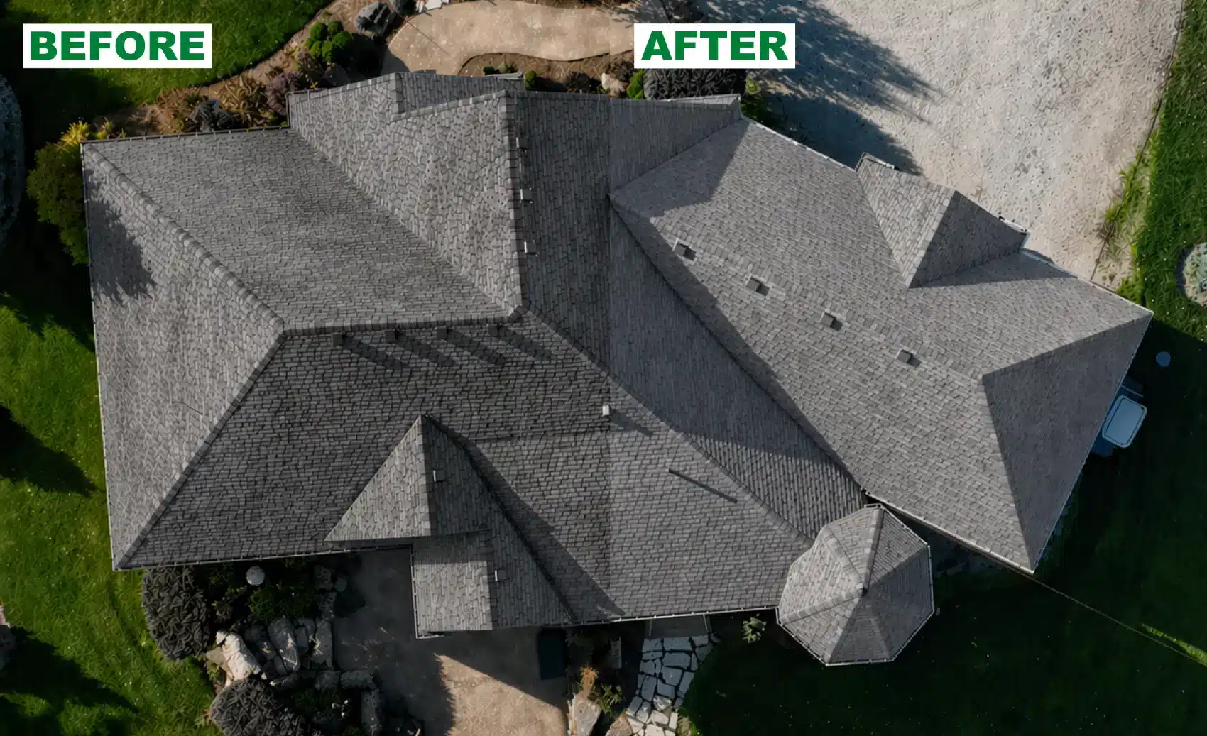House roof from above with "before" and "after Eco-Friendly Roof Rejuvenation" labels.