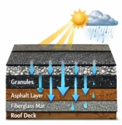 New-Project-49-1-400×408 Roof layers diagram: granules, asphalt, fiberglass mat, roof deck; sun and rain indicate weather exposure.