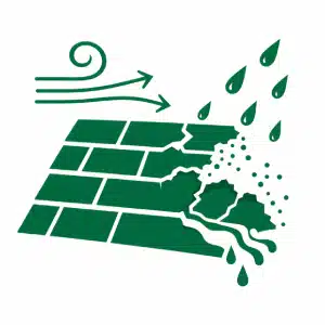 vulnerable-1 (1) Wind and rain eroding a cracked brick wall, with visible water droplets and surface damage.