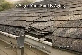 Aging asphalt shingles with granule loss, curling, and uneven wear on an Ottawa roof.