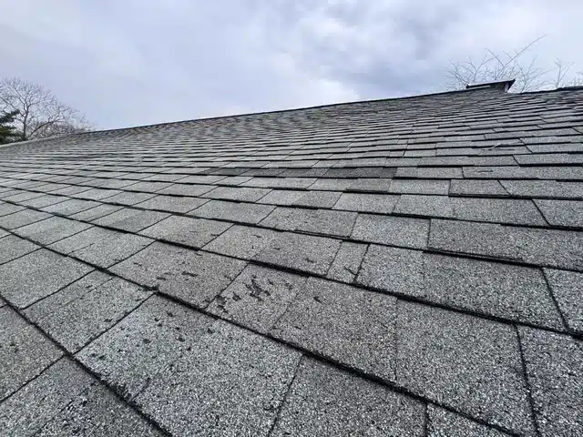 Gray asphalt shingles on a residential Ottawa roof beneath an overcast, cloudy sky.