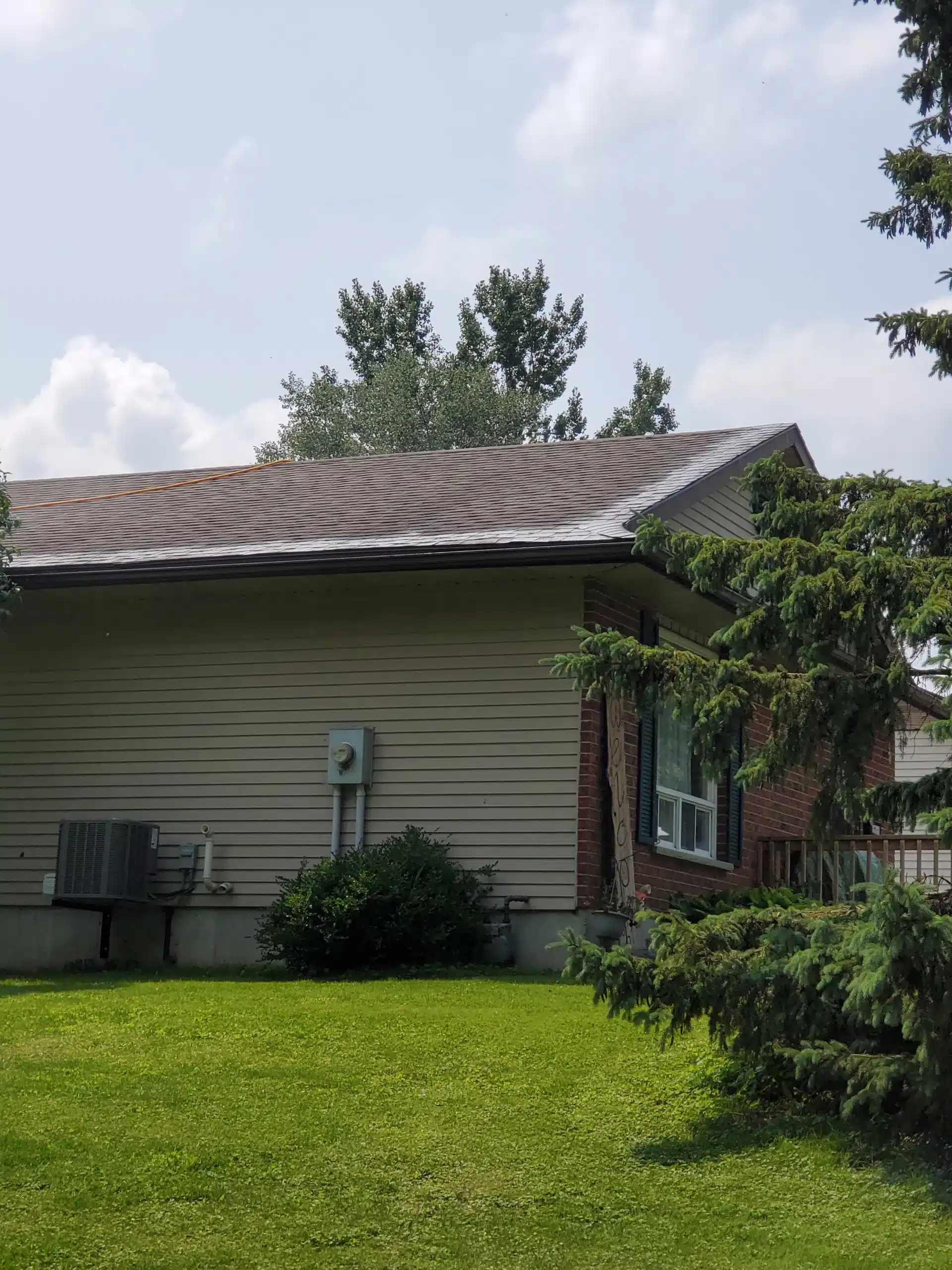 Single-story beige house in Palmerston, Ontario with asphalt roof, front lawn, and surrounding trees.